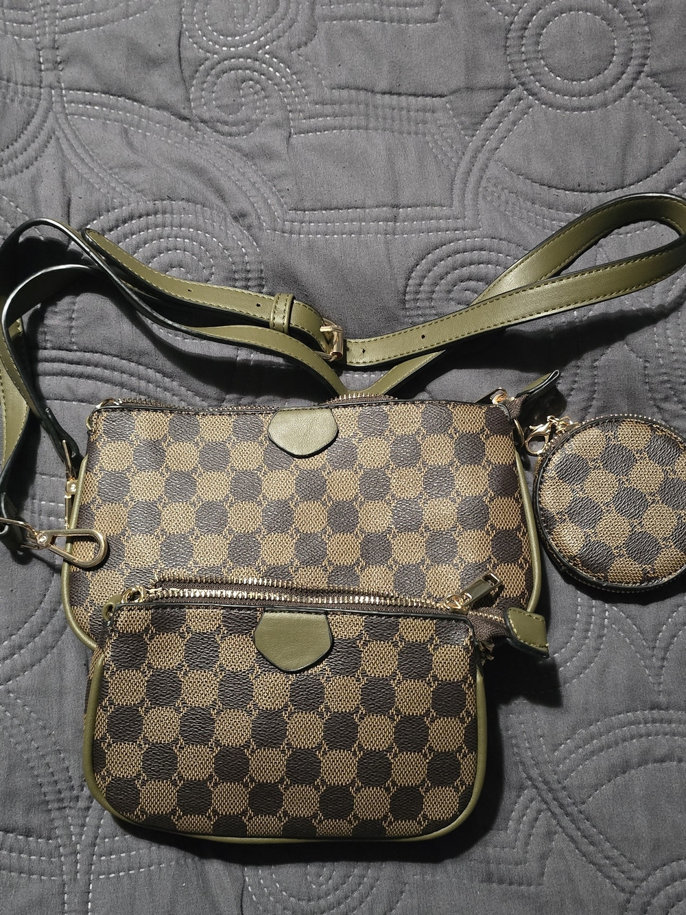 Brown Check Crossbody Bag with Olive Trim
